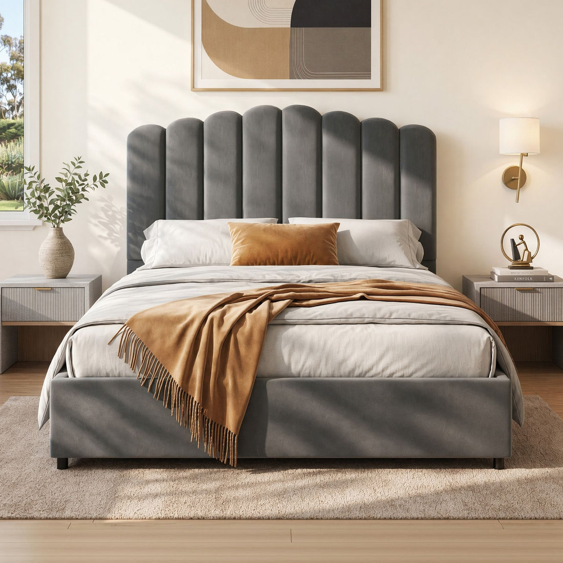Artiss Bed Frame Double Size Velvet Grey FION-Furniture > Bedroom > Beds &amp; Bed Frames-PEROZ Accessories