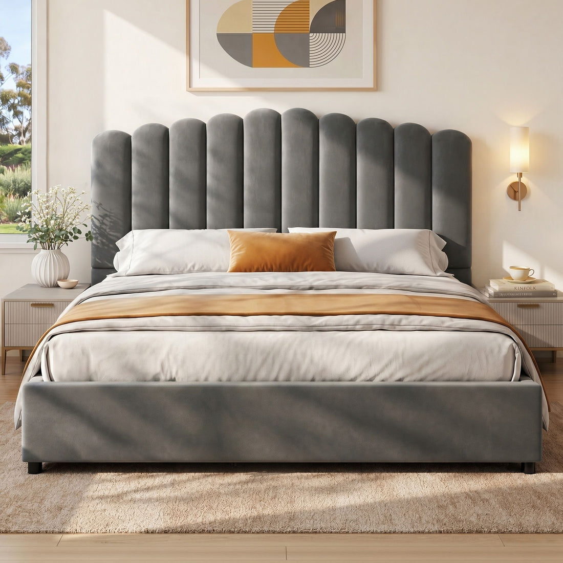 Artiss Bed Frame King Size Velvet Grey FION-Furniture > Bedroom > Beds &amp; Bed Frames-PEROZ Accessories