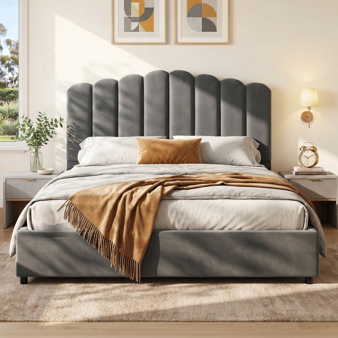 Artiss Bed Frame Queen Size Velvet Grey FION-Furniture > Bedroom > Beds &amp; Bed Frames-PEROZ Accessories