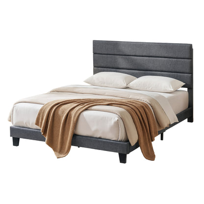 Artiss Double Bed Frame Upholstered Platform Base with Geometric Headboard Charcoal Grey Linen Wood Slats for Modern Bedroom Furniture Home Decor-Furniture > Bedroom > Beds &amp; Bed Frames-PEROZ Accessories