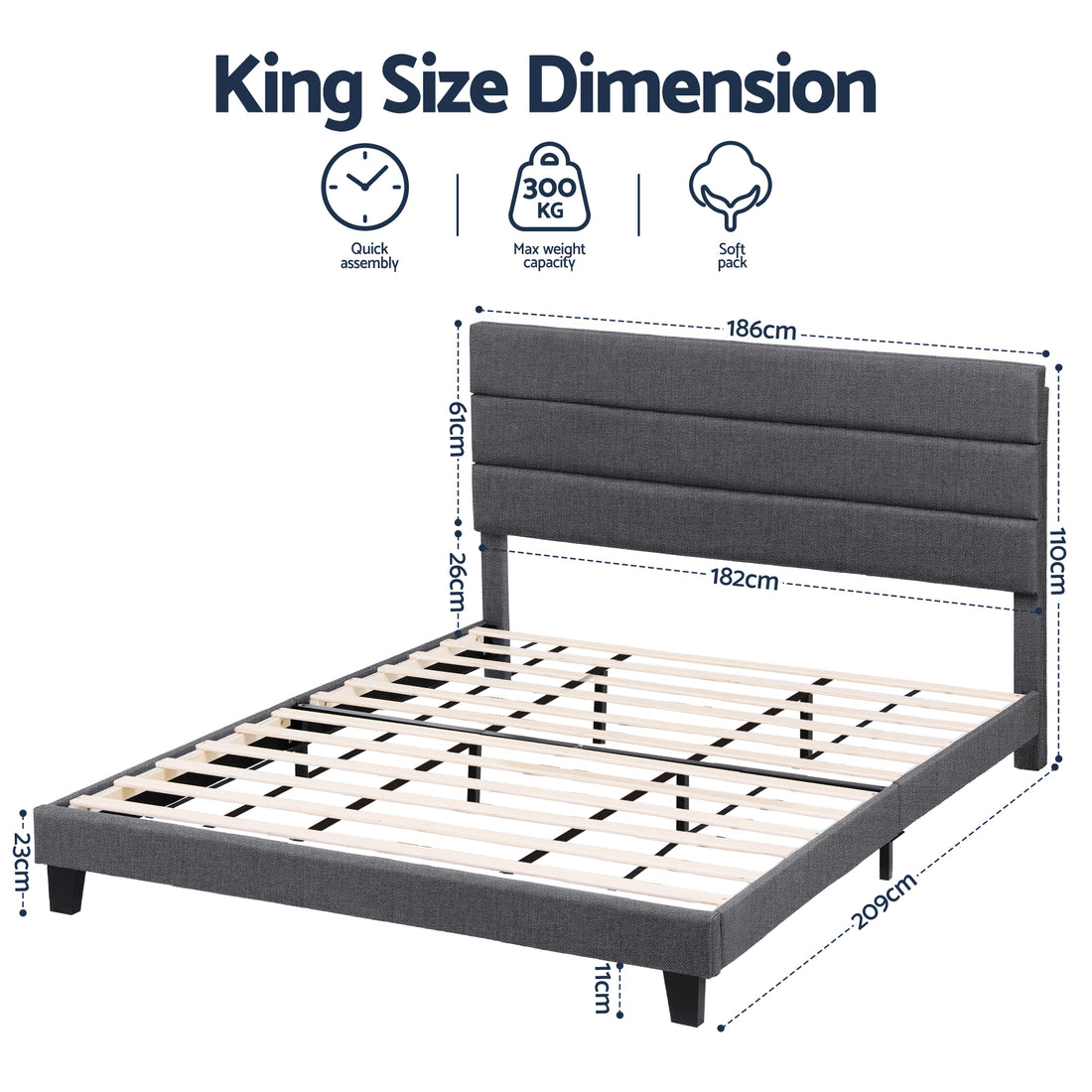 Artiss King Bed Frame Upholstered Platform Base with Geometric Headboard Charcoal Grey Linen Wood Slats for Modern Bedroom Furniture Home Decor-Furniture > Bedroom > Beds &amp; Bed Frames-PEROZ Accessories