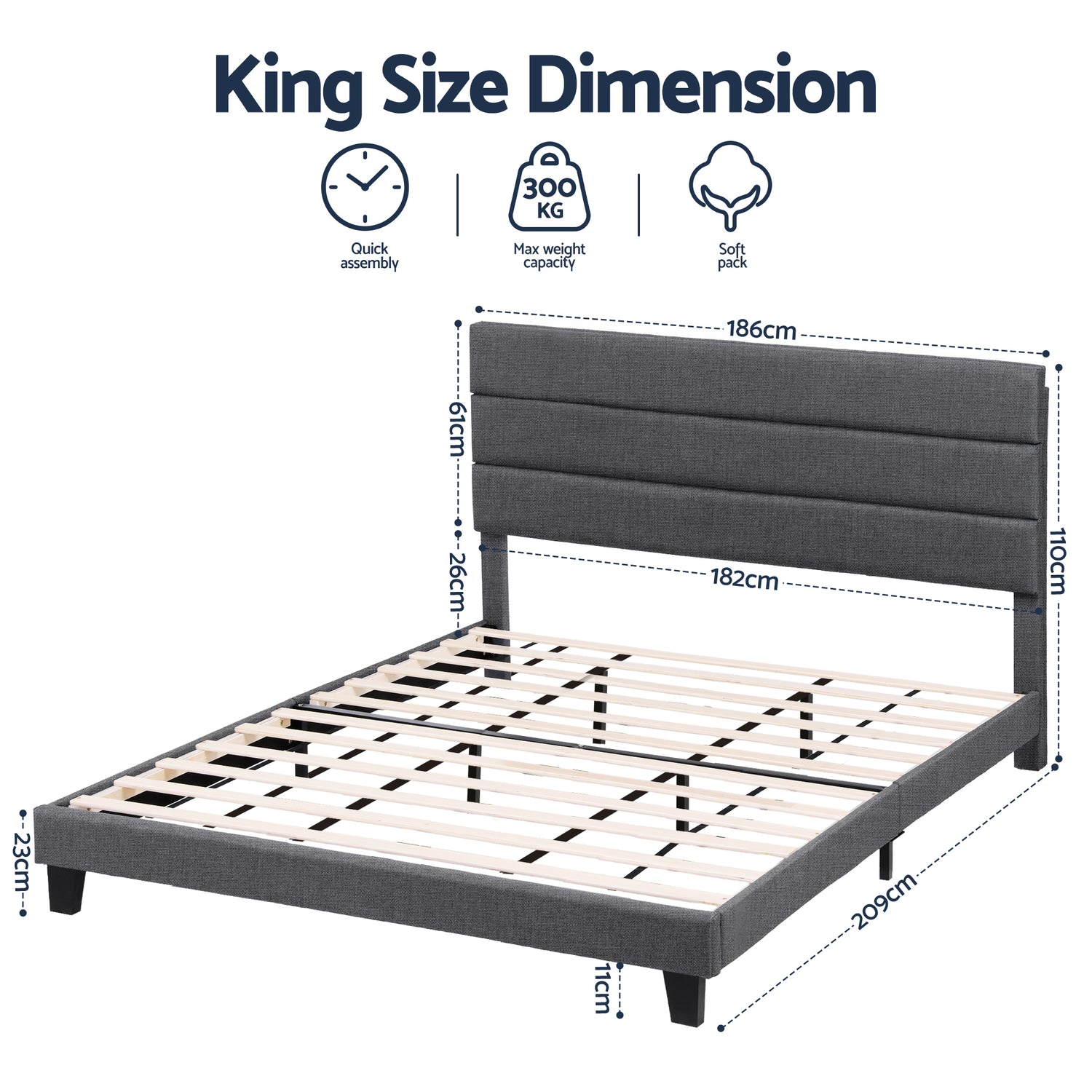 Artiss King Bed Frame Upholstered Platform Base with Geometric Headboard Charcoal Grey Linen Wood Slats for Modern Bedroom Furniture Home Decor-Furniture > Bedroom > Beds &amp; Bed Frames-PEROZ Accessories