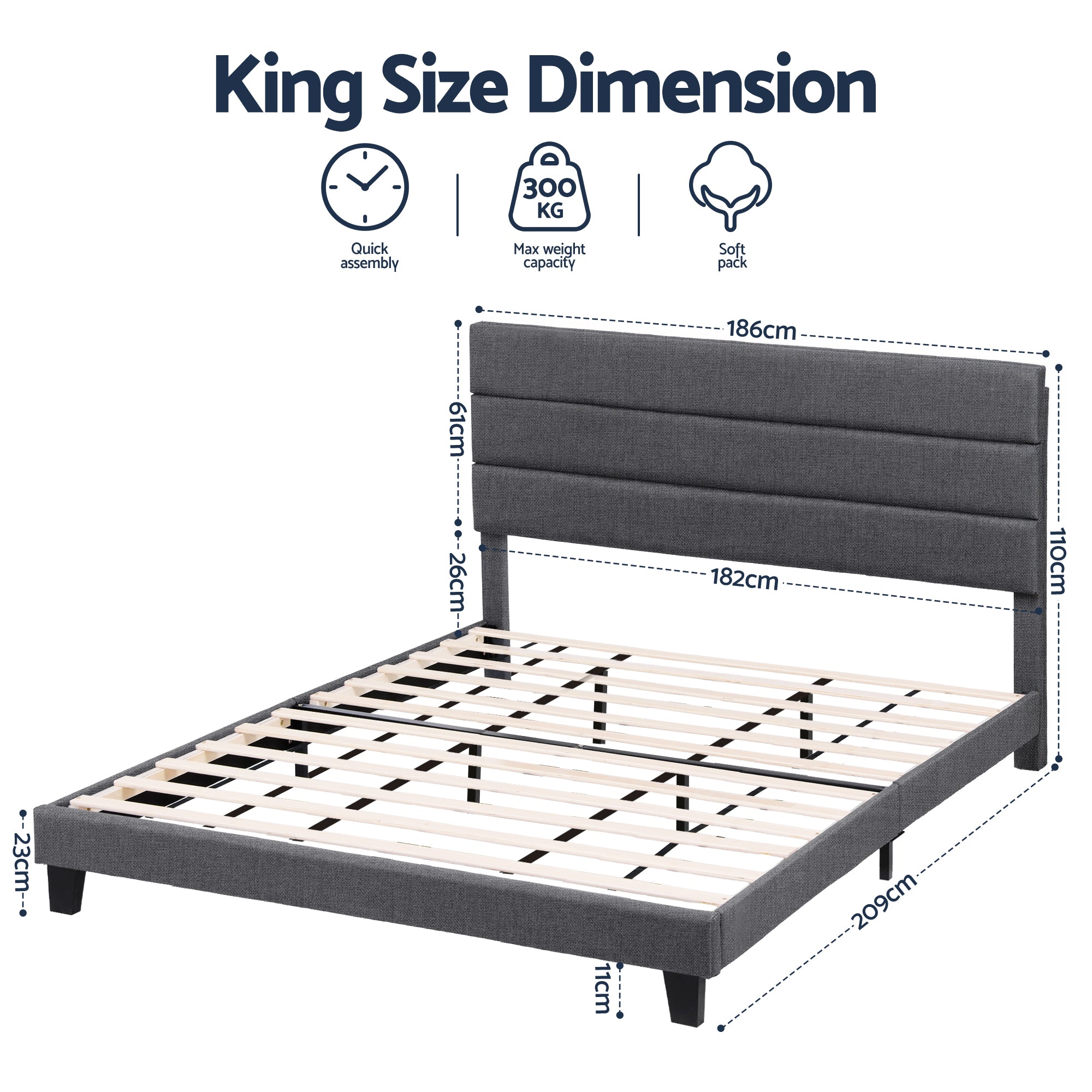 Artiss King Bed Frame Upholstered Platform Base with Geometric Headboard Charcoal Grey Linen Wood Slats for Modern Bedroom Furniture Home Decor-Furniture > Bedroom > Beds &amp; Bed Frames-PEROZ Accessories