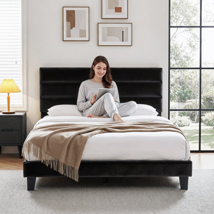 Artiss Queen Bed Frame Upholstered Platform Base with Geometric Headboard Black Velvet-Furniture > Bedroom > Beds &amp; Bed Frames-PEROZ Accessories