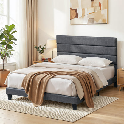Artiss Queen Bed Frame Upholstered Platform Base with Geometric Headboard Charcoal Grey Linen Wood Slats for Modern Bedroom Furniture Home Decor-Furniture > Bedroom > Beds &amp; Bed Frames-PEROZ Accessories