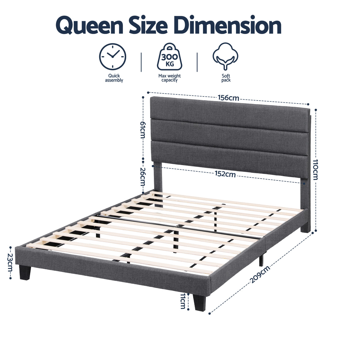 Artiss Queen Bed Frame Upholstered Platform Base with Geometric Headboard Charcoal Grey Linen Wood Slats for Modern Bedroom Furniture Home Decor-Furniture > Bedroom > Beds &amp; Bed Frames-PEROZ Accessories