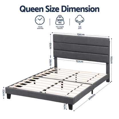 Artiss Queen Bed Frame Upholstered Platform Base with Geometric Headboard Charcoal Grey Linen Wood Slats for Modern Bedroom Furniture Home Decor-Furniture > Bedroom > Beds &amp; Bed Frames-PEROZ Accessories