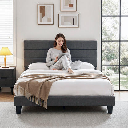 Artiss Queen Bed Frame Upholstered Platform Base with Geometric Headboard Charcoal Grey Linen Wood Slats for Modern Bedroom Furniture Home Decor-Furniture > Bedroom > Beds &amp; Bed Frames-PEROZ Accessories