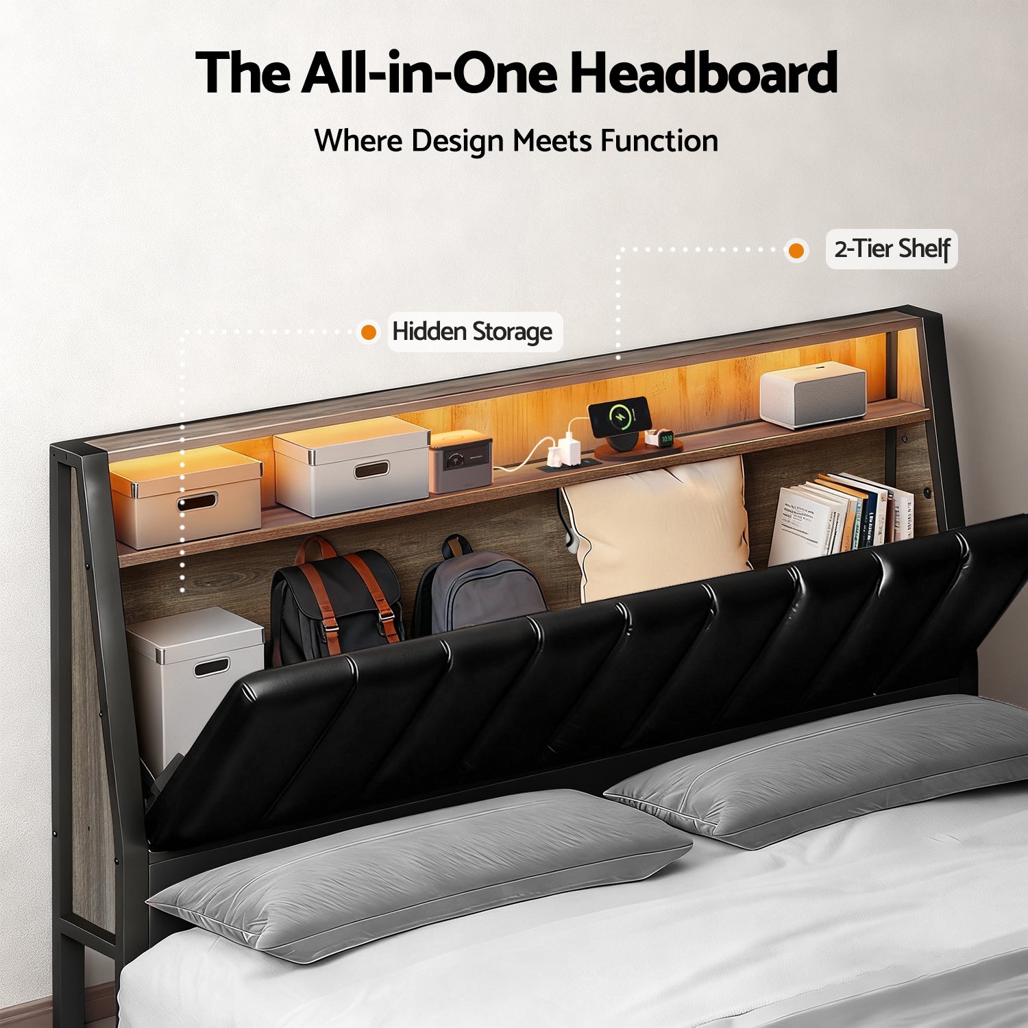 Artiss Double Bed Frame LED Storage Headboard with Charging Station Black-Furniture &gt; Bedroom &gt; Beds &amp; Bed Frames-PEROZ Accessories