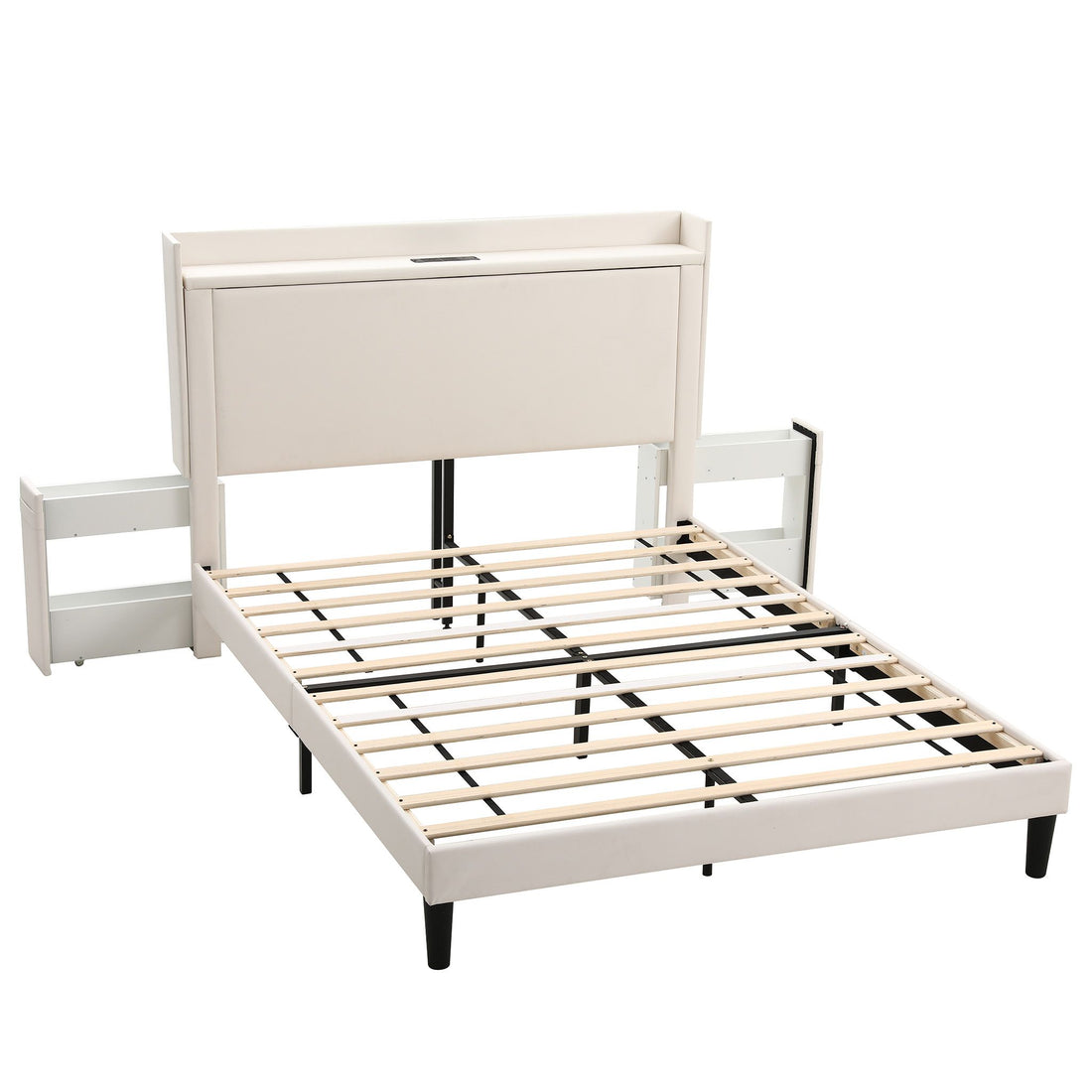 Artiss Double Bed Frame with USB Charging and Side Storage Shelves Beige-Furniture > Bedroom > Beds &amp; Bed Frames-PEROZ Accessories