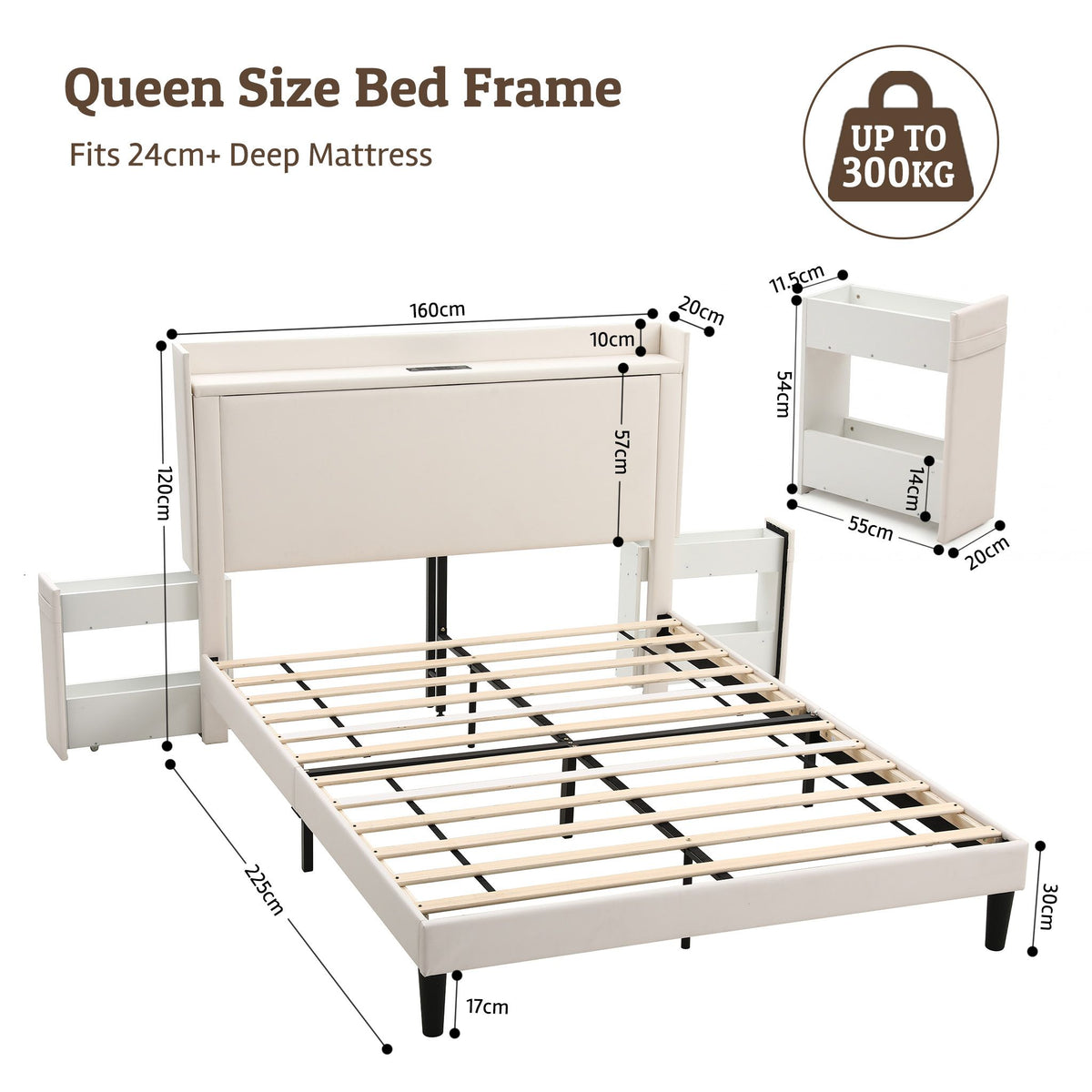 Artiss Queen Bed Frame with USB Charging and Side Storage Shelves Beige