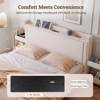 Artiss Queen Bed Frame with USB Charging and Side Storage Shelves Beige