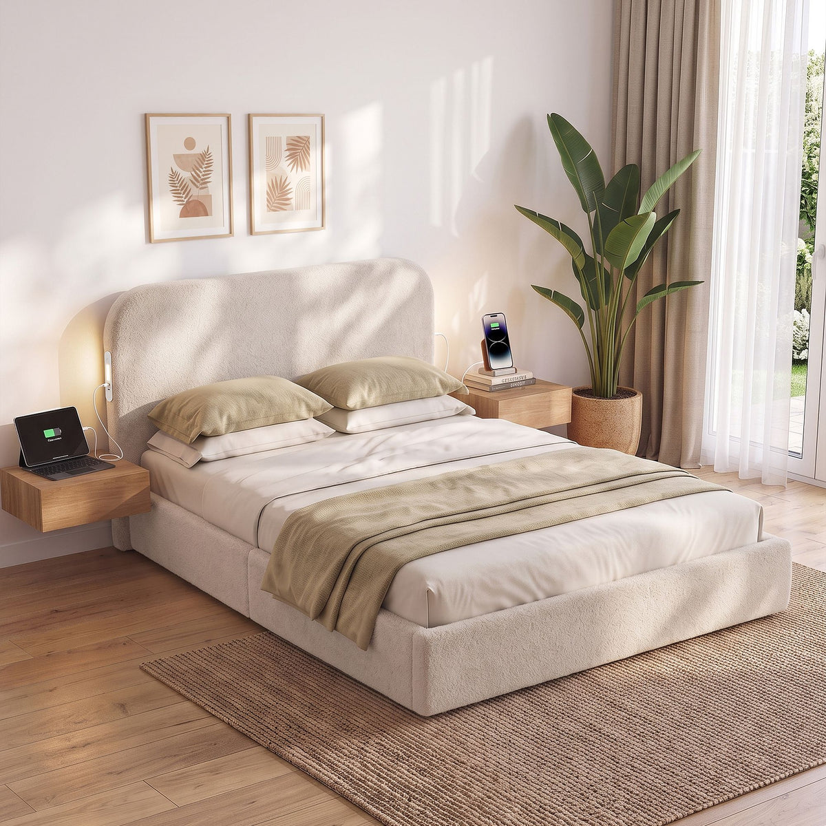 Artiss Double Bed Frame with 100cm Bouclé Headboard, USB-C &amp; Night Lights