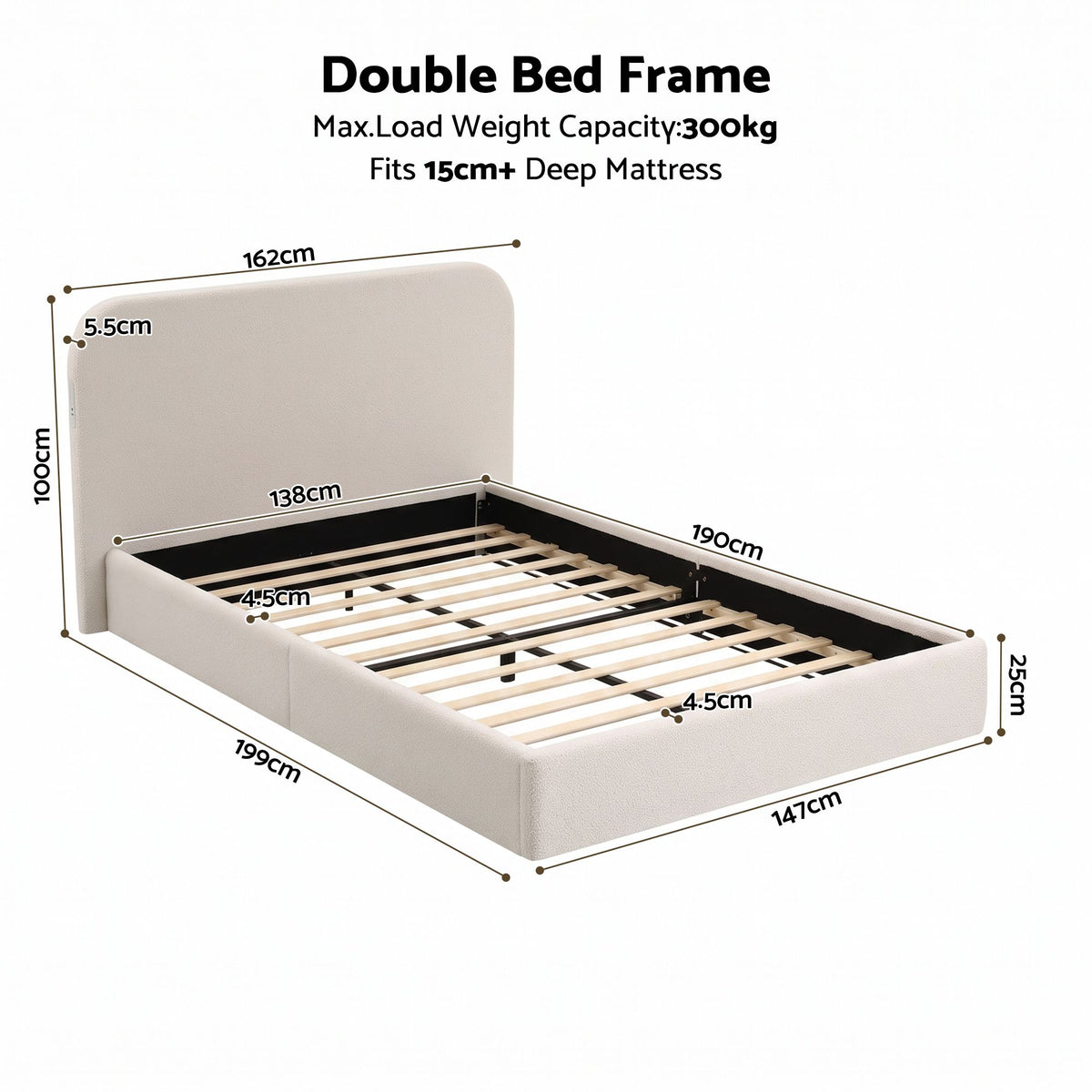 Artiss Double Bed Frame with 100cm Bouclé Headboard, USB-C &amp; Night Lights