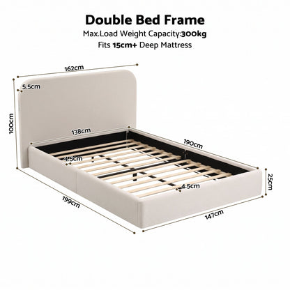 Artiss Double Bed Frame with 100cm Bouclé Headboard, USB-C &amp; Night Lights