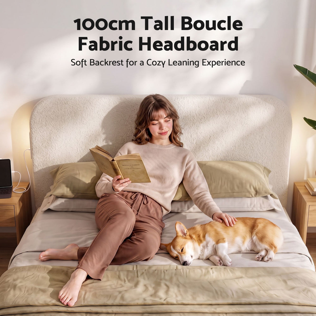 Artiss Double Bed Frame with 100cm Bouclé Headboard, USB-C &amp; Night Lights