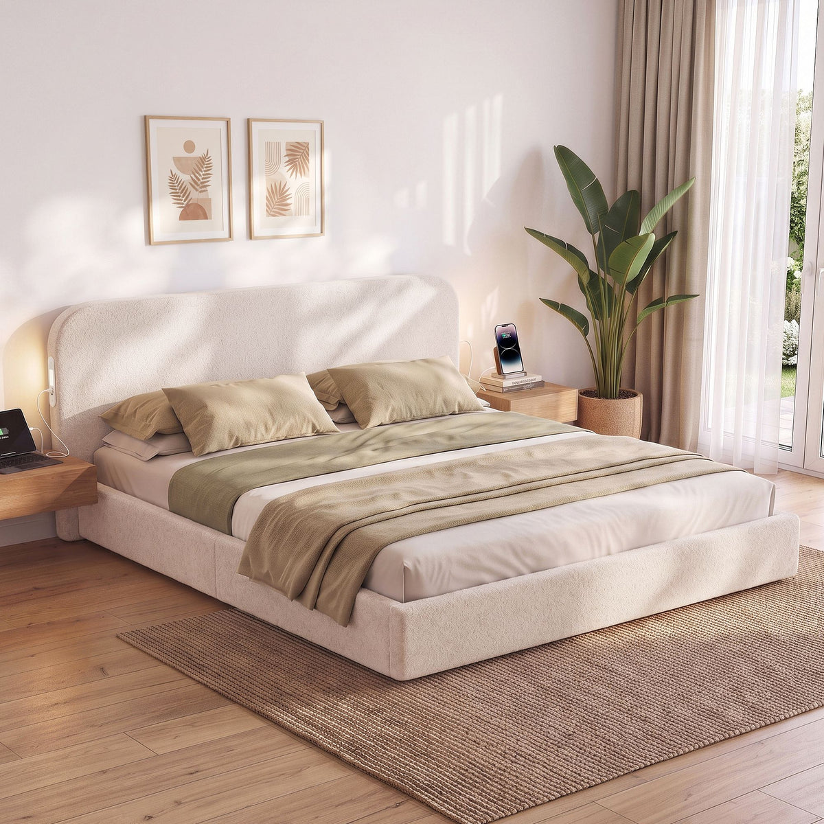 Artiss King Bed Frame with 100cm Bouclé Headboard, USB-C &amp; Night Lights