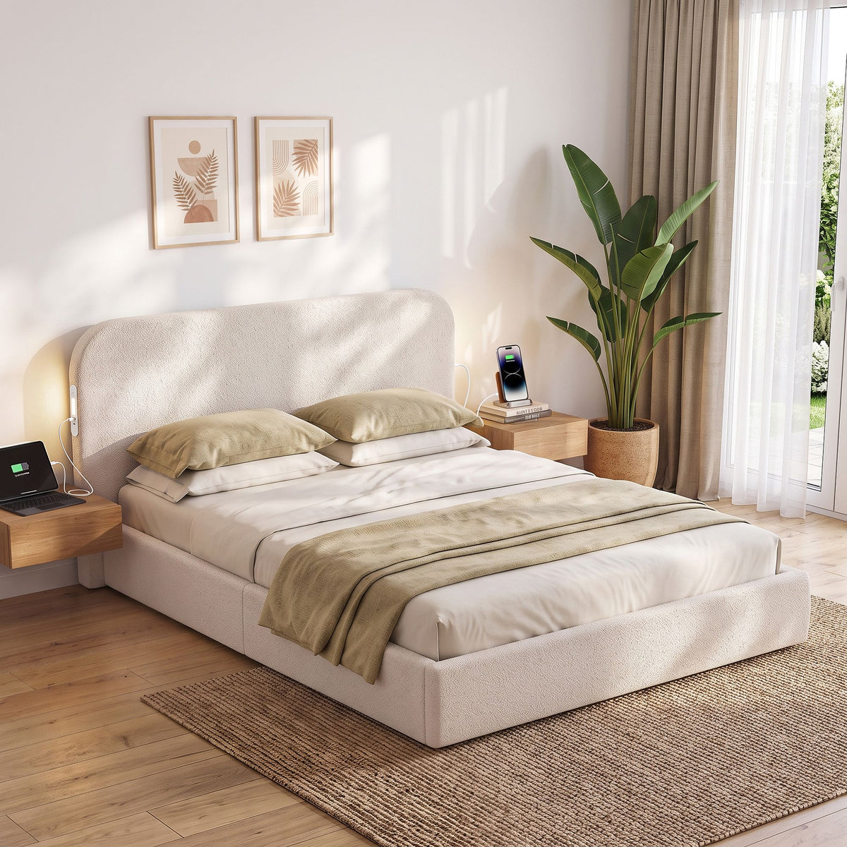 Artiss Queen Bed Frame with Bouclé Headboard, USB-C Charging &amp; Night Lights