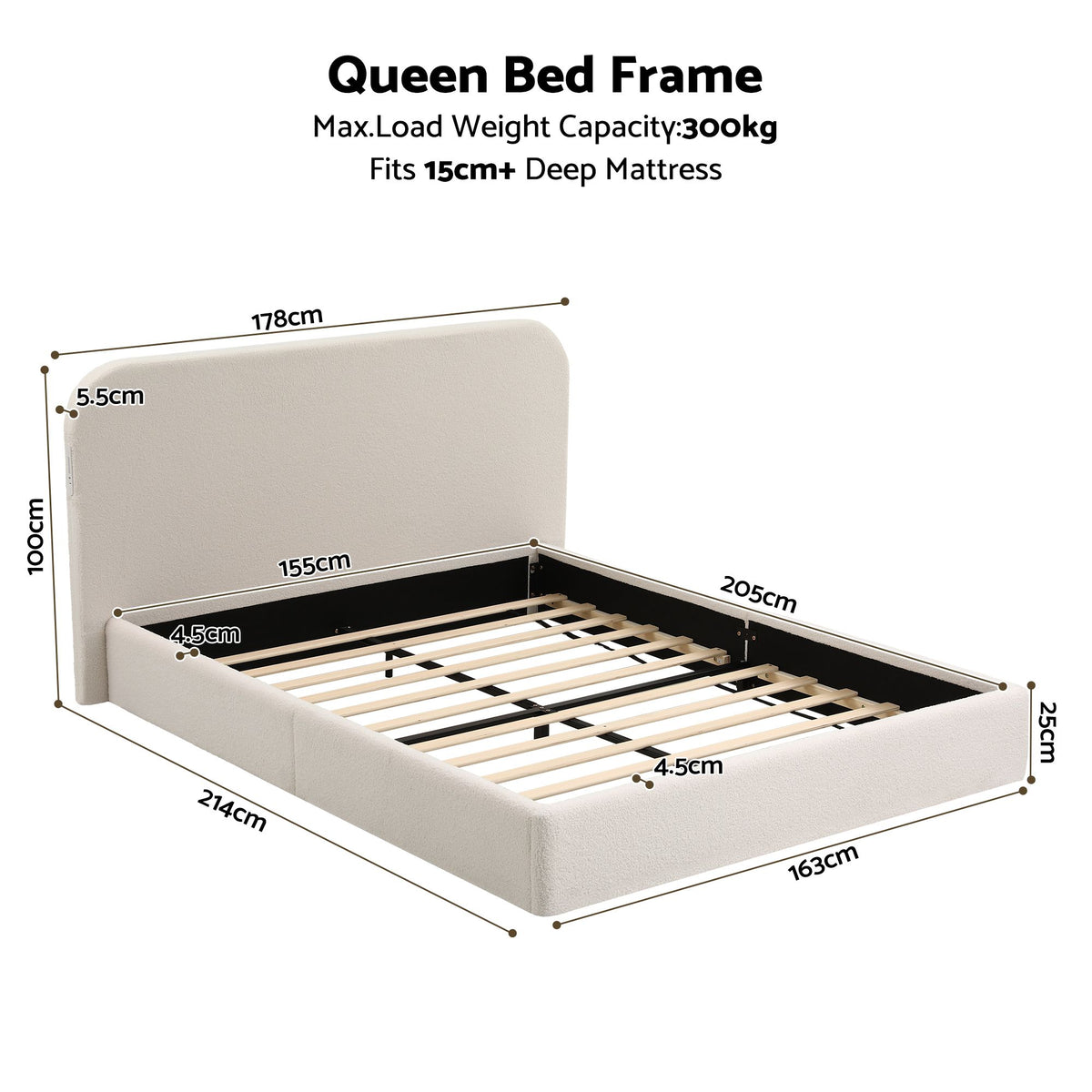 Artiss Queen Bed Frame with Bouclé Headboard, USB-C Charging &amp; Night Lights