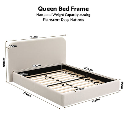 Artiss Queen Bed Frame with Bouclé Headboard, USB-C Charging &amp; Night Lights