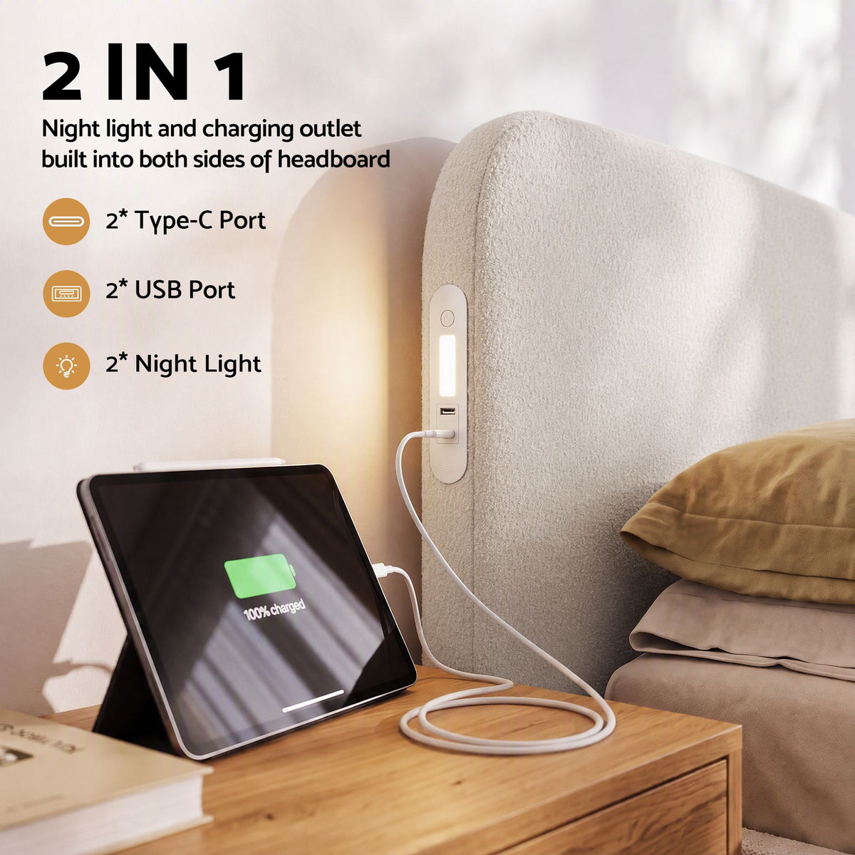 Artiss Queen Bed Frame with Bouclé Headboard, USB-C Charging &amp; Night Lights