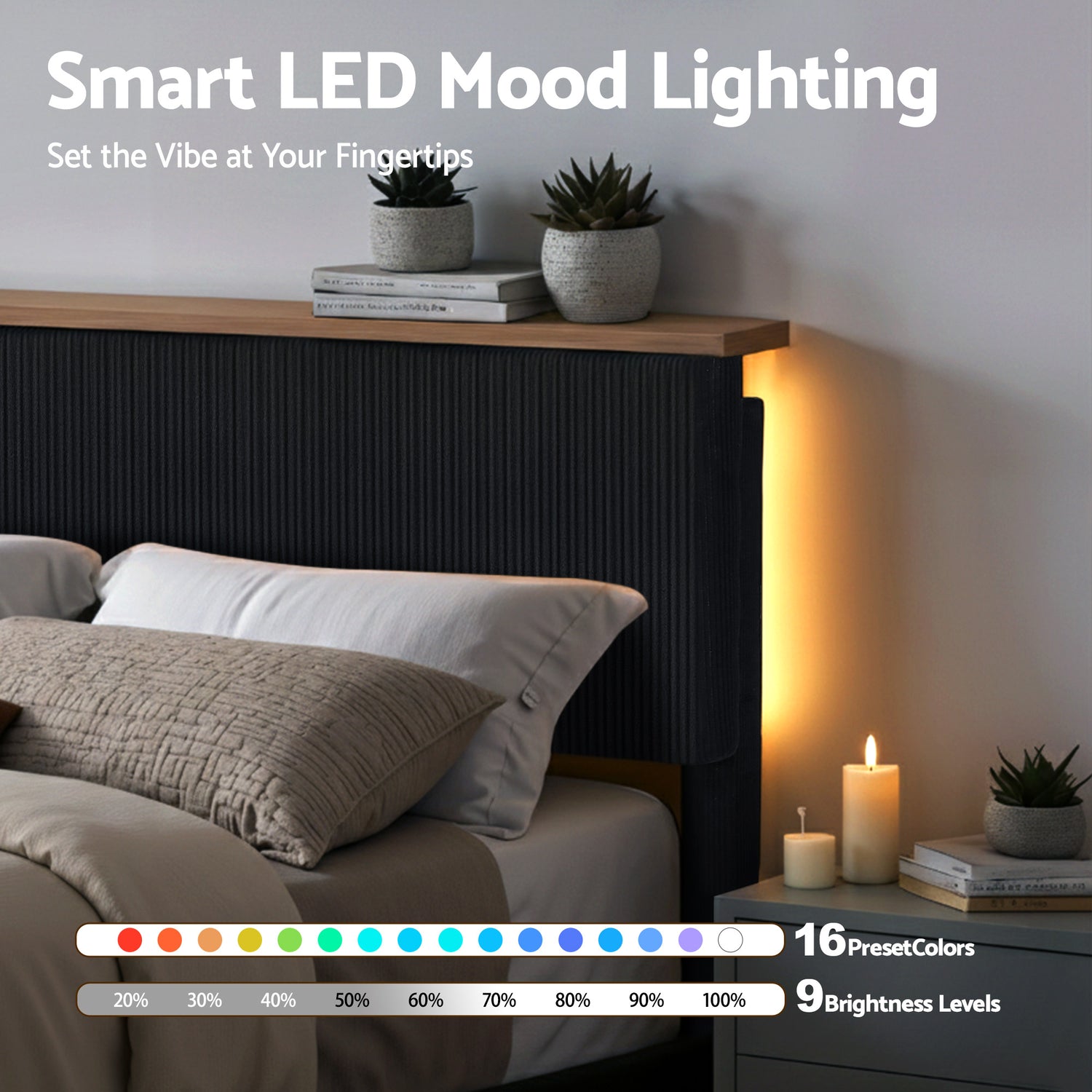 Artiss Double Bed Frame Upholstered Adjustable Headboard Mood Lighting Heavy Duty Black Velvet-Furniture > Bedroom > Beds &amp; Bed Frames-PEROZ Accessories