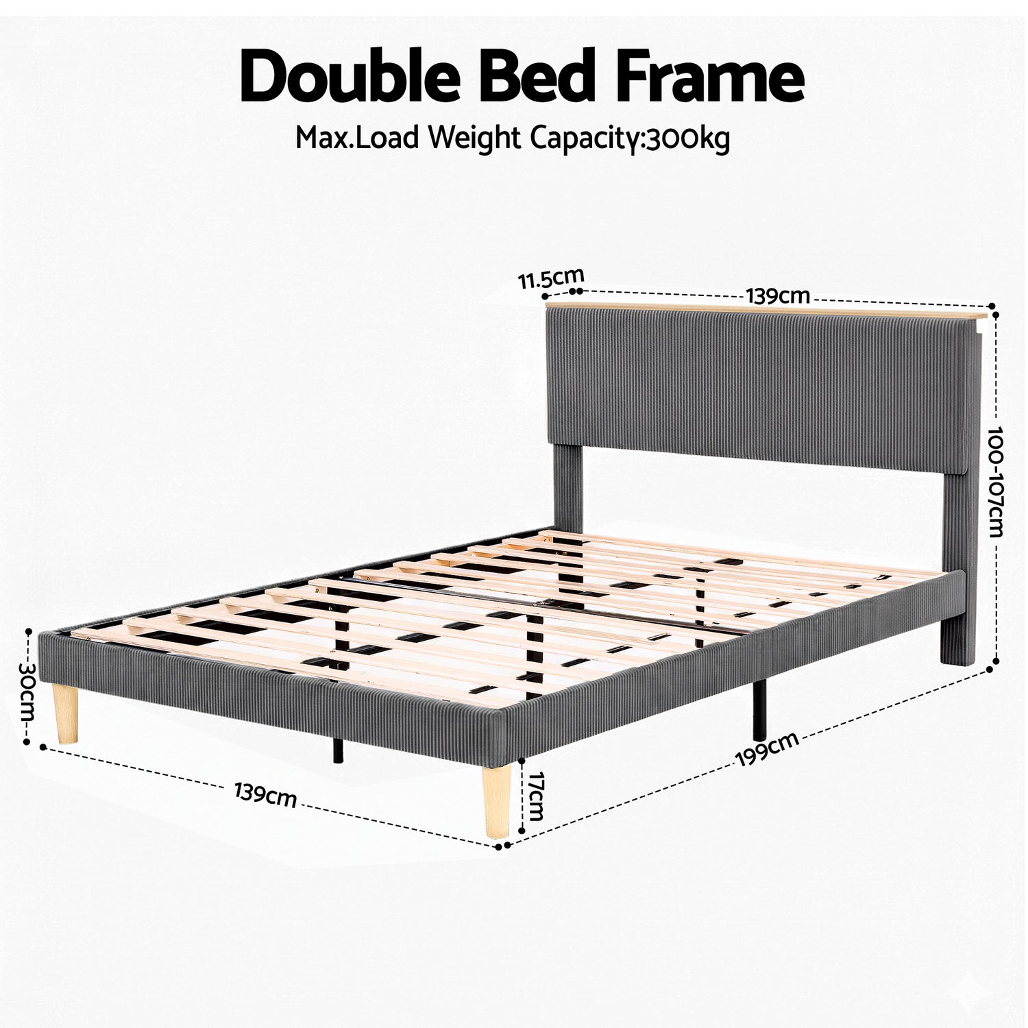 Artiss Double Bed Frame Upholstered Adjustable Headboard Mood Lighting Heavy Duty Grey Velvet-Furniture > Bedroom > Beds &amp; Bed Frames-PEROZ Accessories