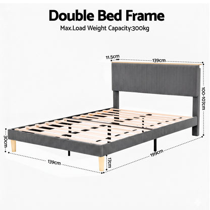 Artiss Double Bed Frame Upholstered Adjustable Headboard Mood Lighting Heavy Duty Grey Velvet-Furniture > Bedroom > Beds &amp; Bed Frames-PEROZ Accessories
