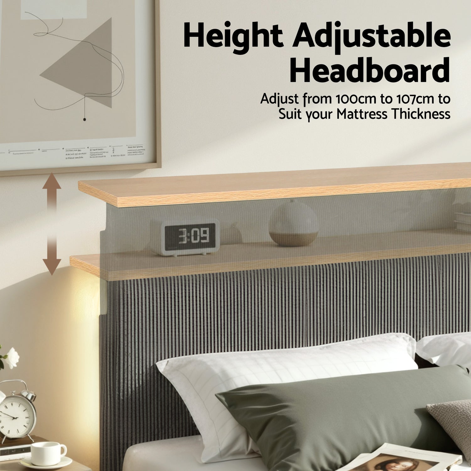 Artiss Double Bed Frame Upholstered Adjustable Headboard Mood Lighting Heavy Duty Grey Velvet-Furniture > Bedroom > Beds &amp; Bed Frames-PEROZ Accessories