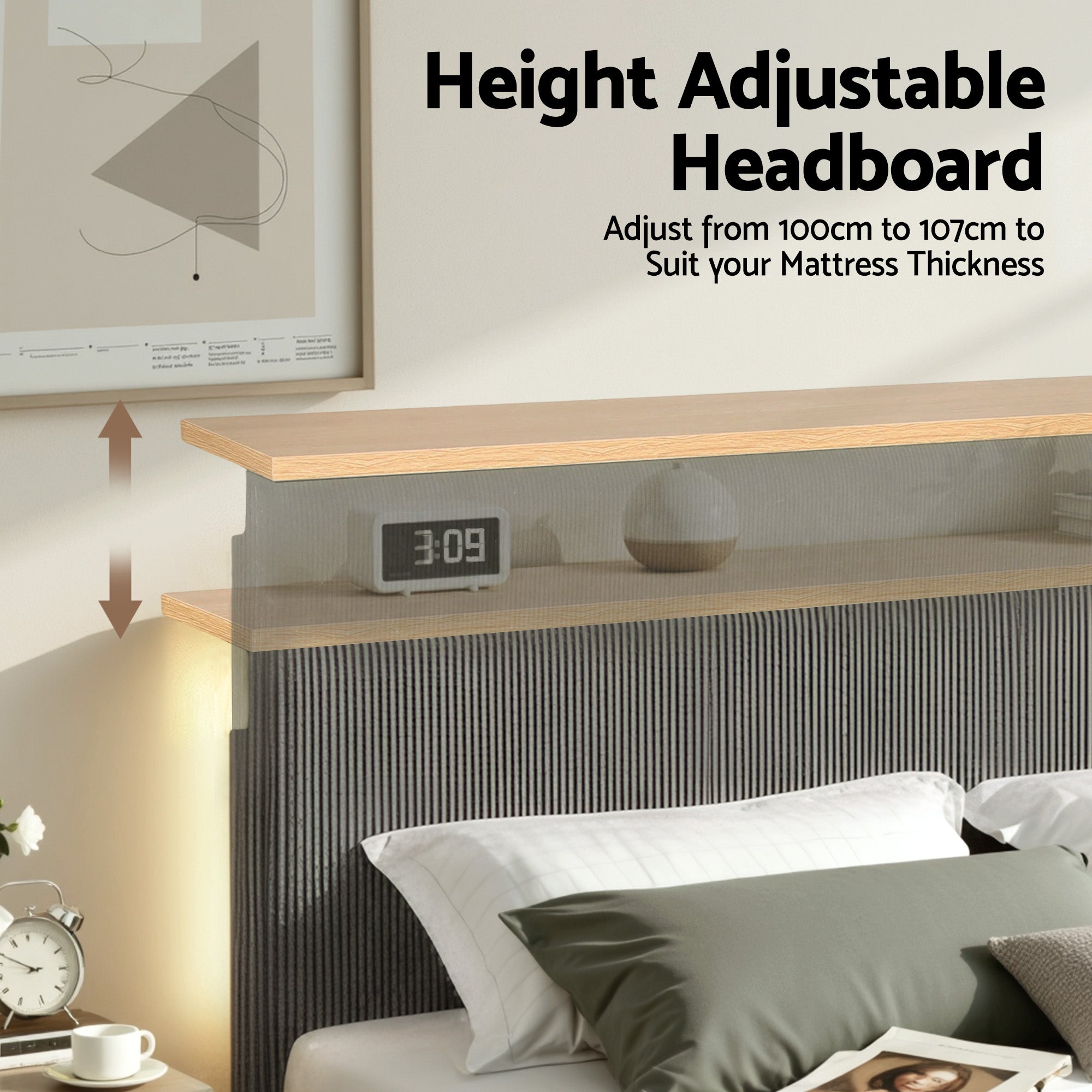 Artiss Double Bed Frame Upholstered Adjustable Headboard Mood Lighting Heavy Duty Grey Velvet-Furniture > Bedroom > Beds &amp; Bed Frames-PEROZ Accessories