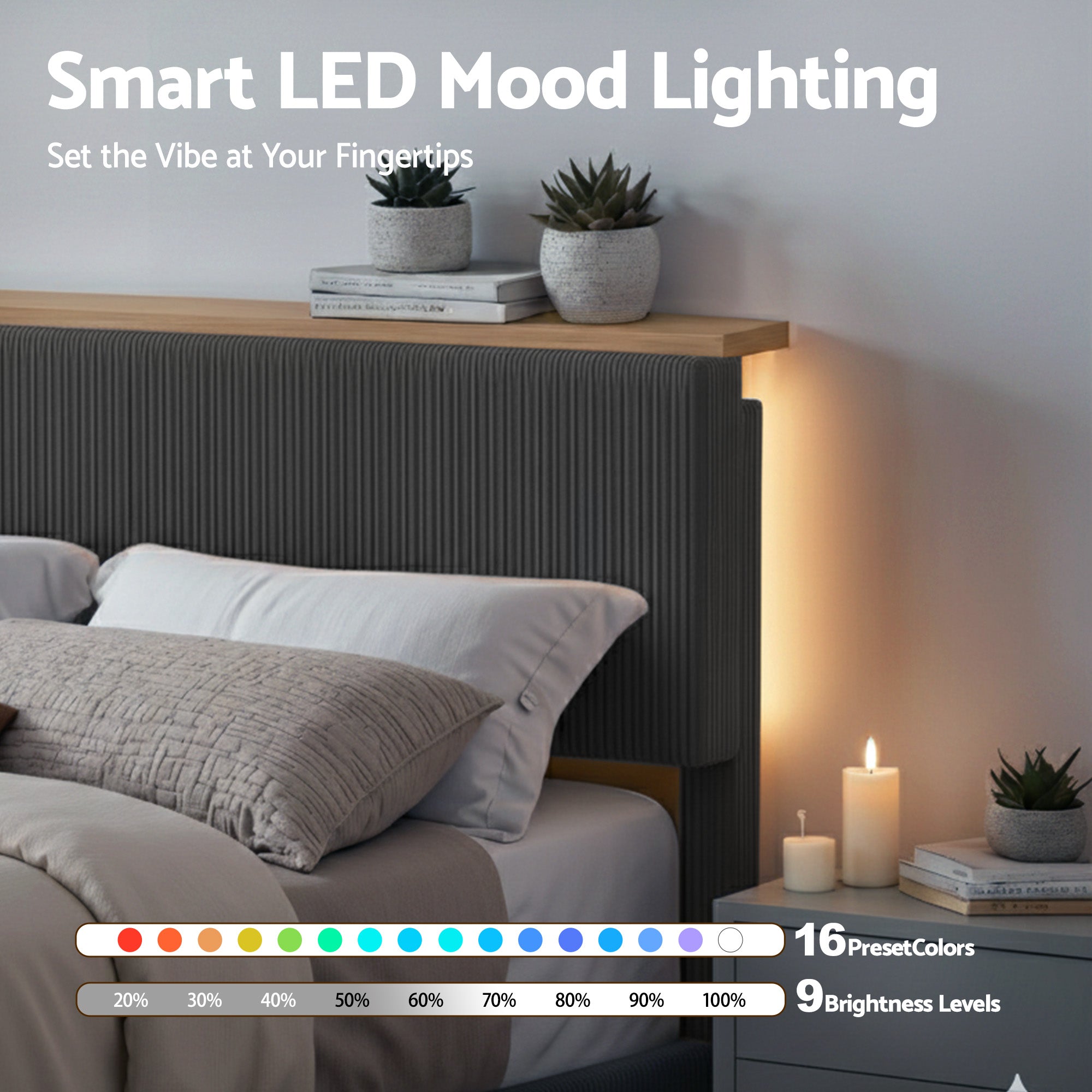Artiss Double Bed Frame Upholstered Adjustable Headboard Mood Lighting Heavy Duty Grey Velvet-Furniture > Bedroom > Beds &amp; Bed Frames-PEROZ Accessories