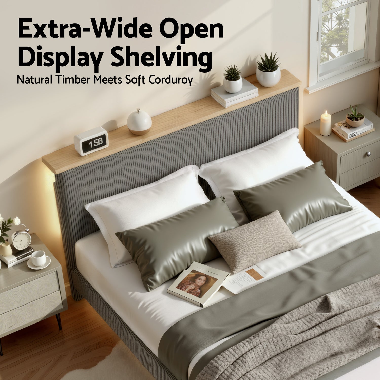 Artiss Double Bed Frame Upholstered Adjustable Headboard Mood Lighting Heavy Duty Grey Velvet-Furniture > Bedroom > Beds &amp; Bed Frames-PEROZ Accessories