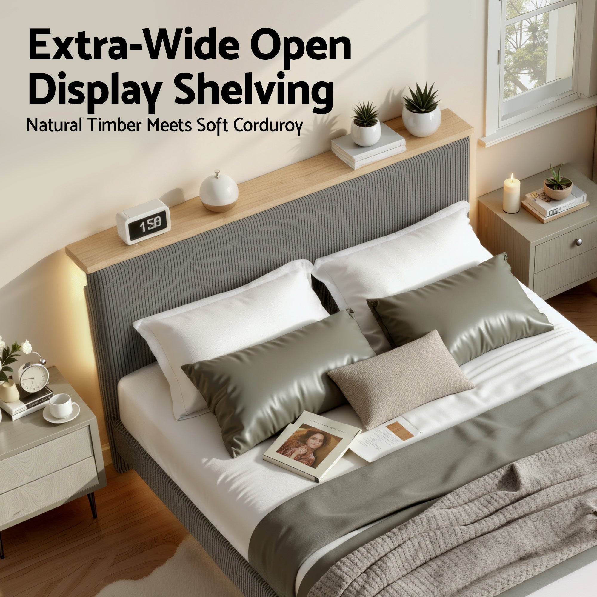 Artiss Double Bed Frame Upholstered Adjustable Headboard Mood Lighting Heavy Duty Grey Velvet-Furniture > Bedroom > Beds &amp; Bed Frames-PEROZ Accessories