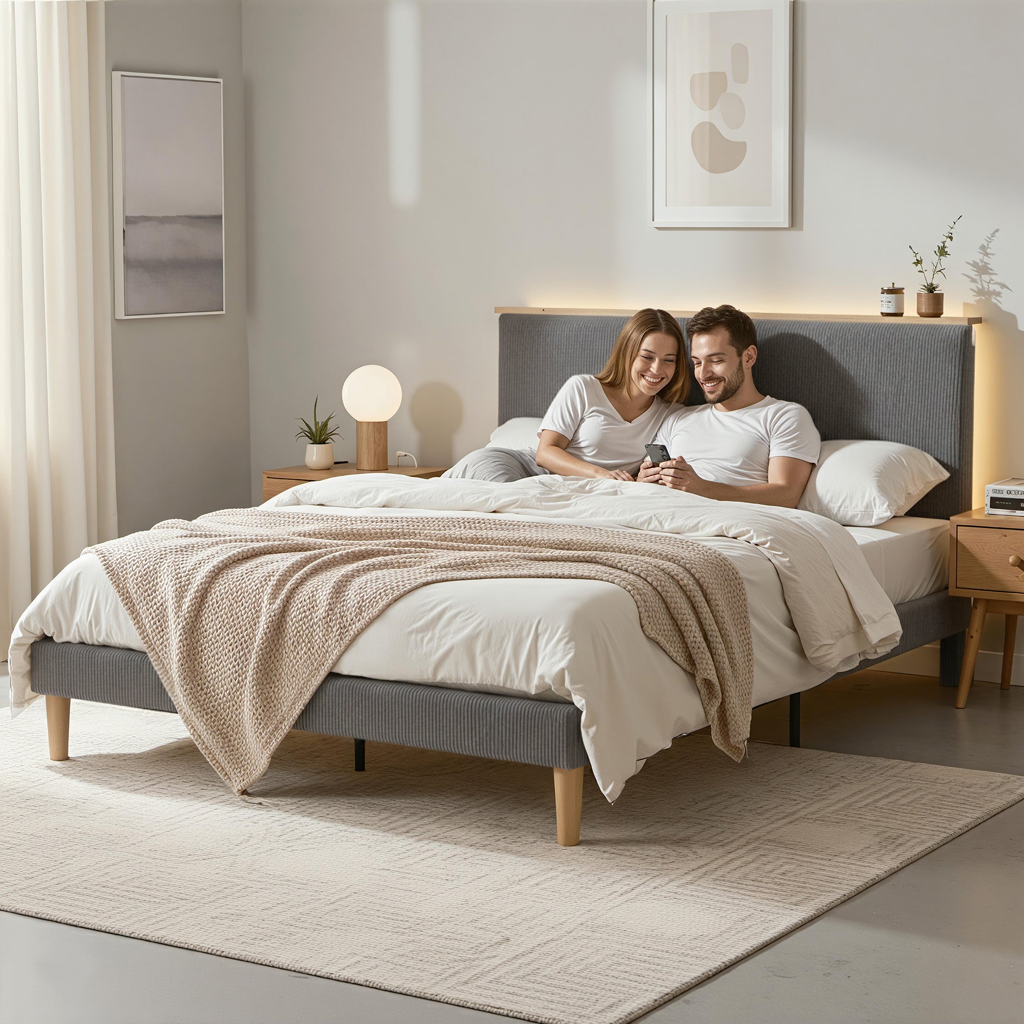 Artiss Double Bed Frame Upholstered Adjustable Headboard Mood Lighting Heavy Duty Grey Velvet-Furniture > Bedroom > Beds &amp; Bed Frames-PEROZ Accessories
