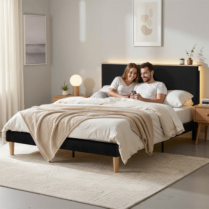 Artiss Queen Bed Frame Upholstered Adjustable Headboard Mood Lighting Heavy Duty Black Velvet-Furniture > Bedroom > Beds &amp; Bed Frames-PEROZ Accessories