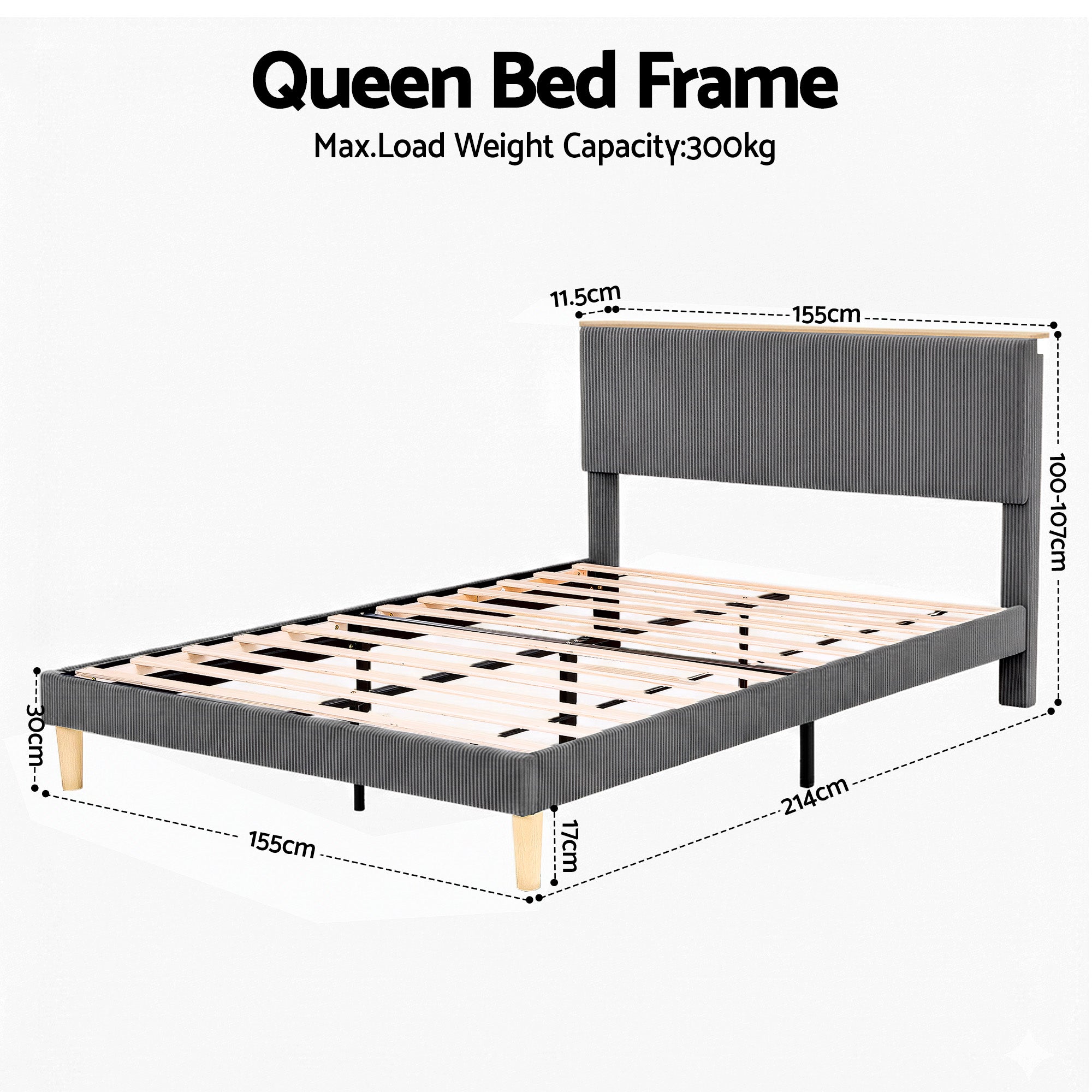 Artiss Queen Bed Frame Upholstered Adjustable Headboard Mood Lighting Heavy Duty Grey Velvet-Furniture > Bedroom > Beds &amp; Bed Frames-PEROZ Accessories