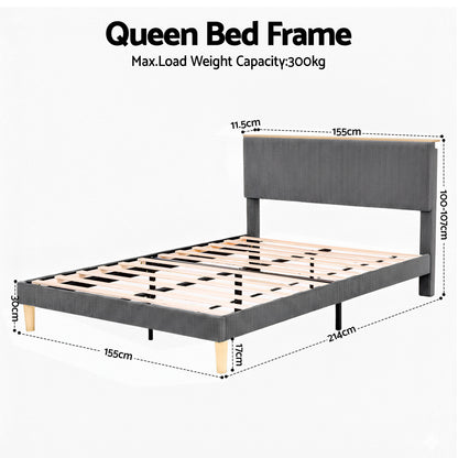 Artiss Queen Bed Frame Upholstered Adjustable Headboard Mood Lighting Heavy Duty Grey Velvet-Furniture > Bedroom > Beds &amp; Bed Frames-PEROZ Accessories