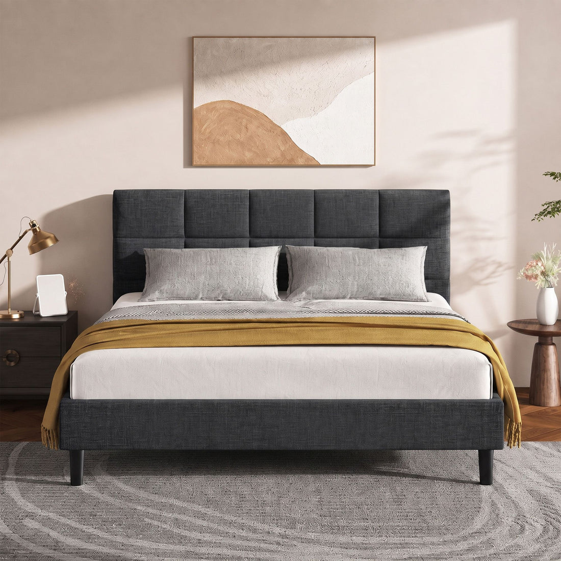 Artiss Tino Bed Frame Queen Size Charcoal Fabric-Bed Frames-PEROZ Accessories