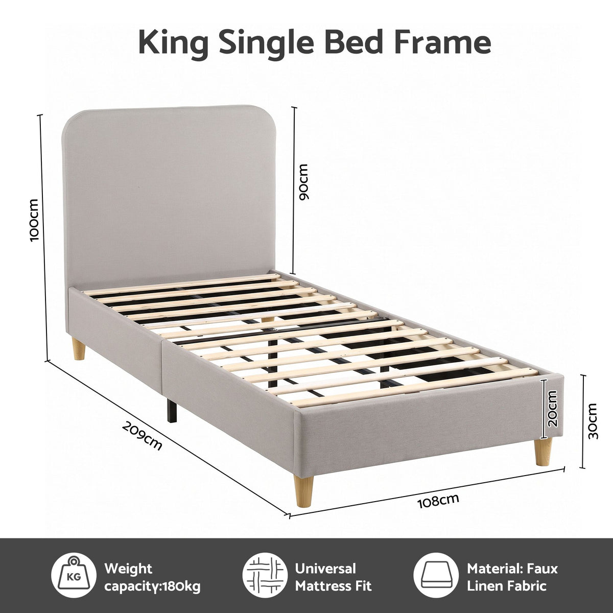 Artiss King Single Bed Frame with Headboard, Faux Linen Fabric Grey-Furniture > Bedroom > Beds &amp; Bed Frames-PEROZ Accessories