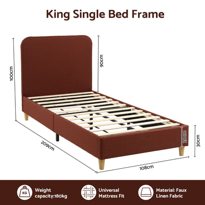 Artiss King Single Bed Frame with Headboard, Faux Linen Fabric Brown-Furniture > Bedroom > Beds &amp; Bed Frames-PEROZ Accessories