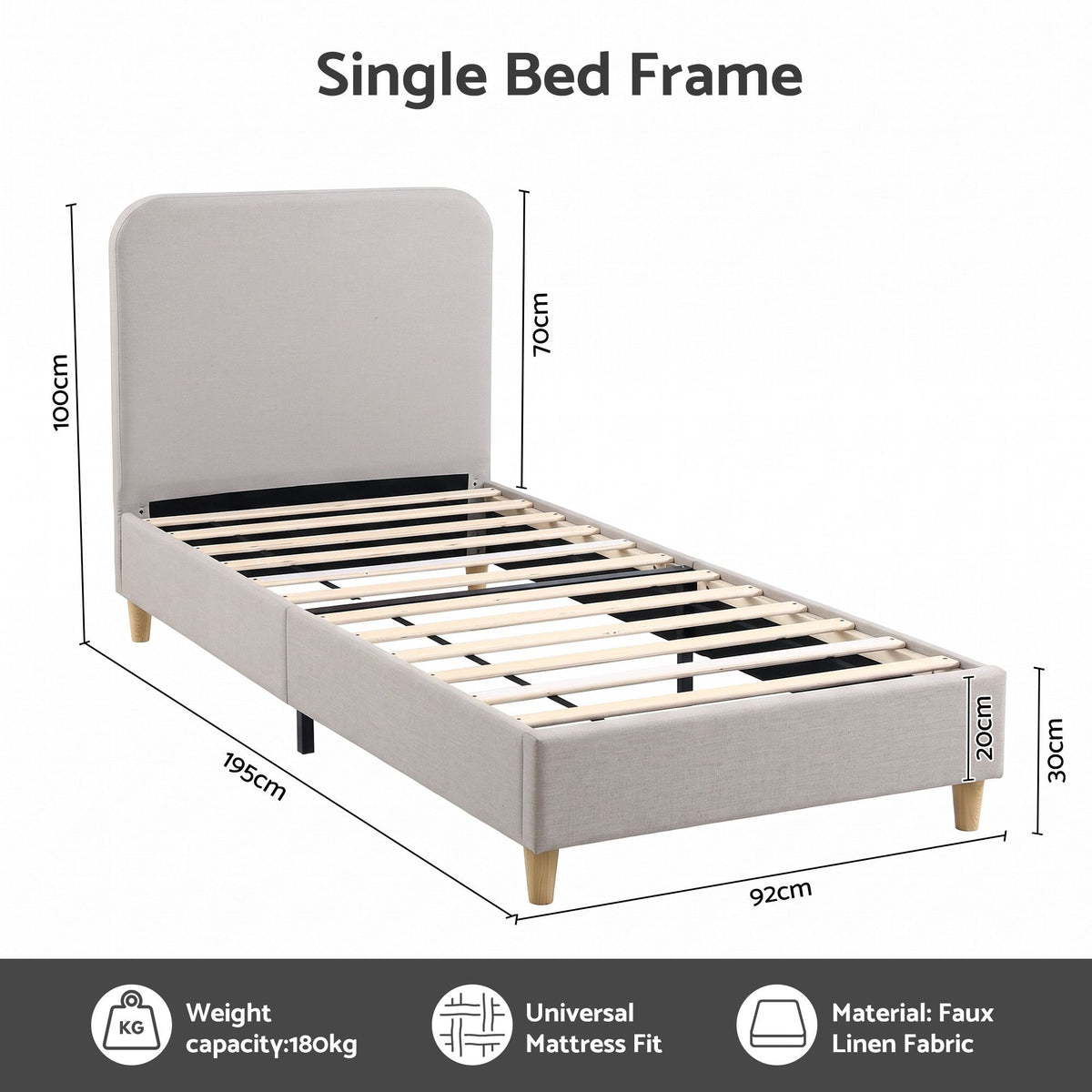 Artiss Single Bed Frame with Headboard, Faux Linen Fabric Grey-Furniture > Bedroom > Beds &amp; Bed Frames-PEROZ Accessories