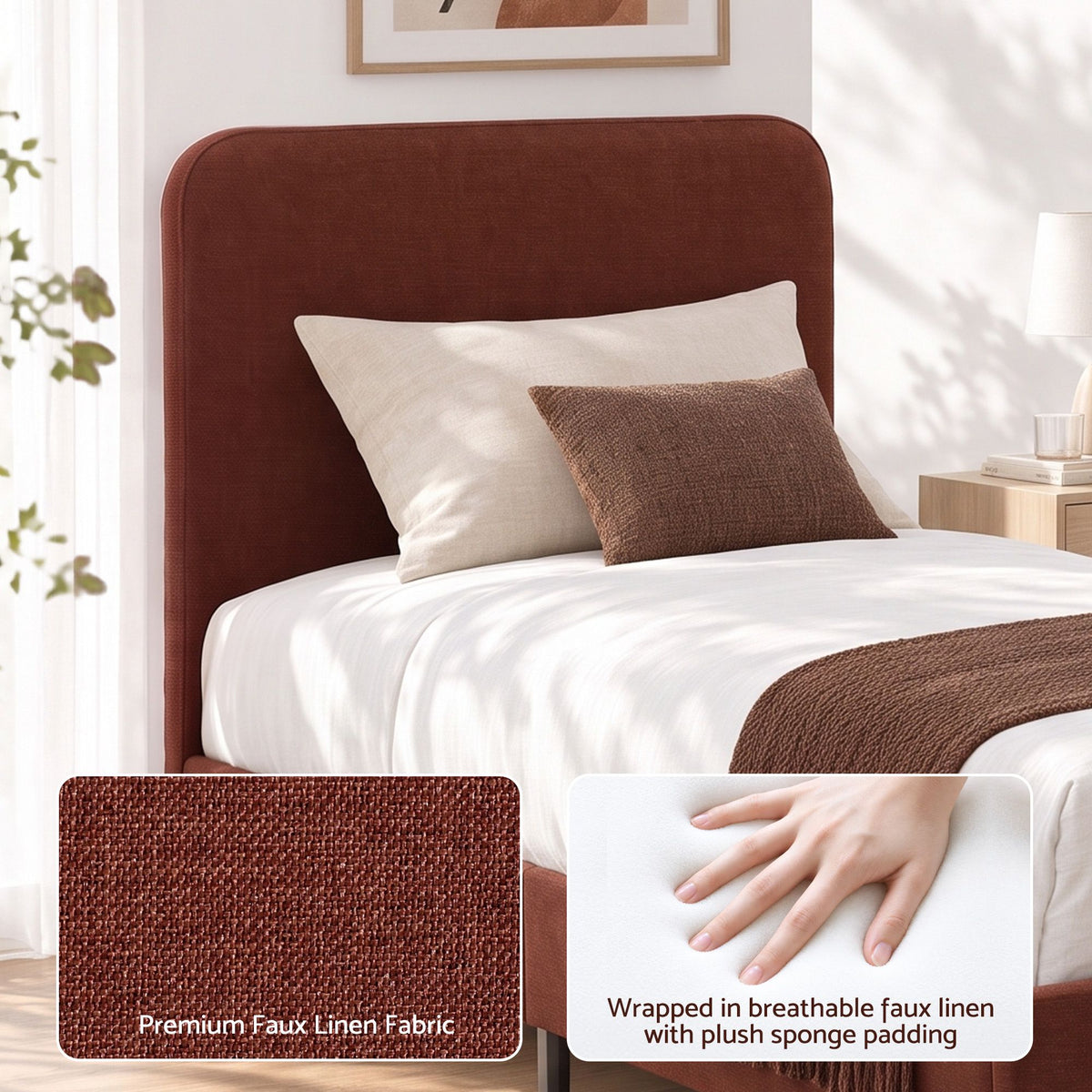 Artiss Single Bed Frame with Headboard, Faux Linen Fabric Brown-Furniture > Bedroom > Beds &amp; Bed Frames-PEROZ Accessories