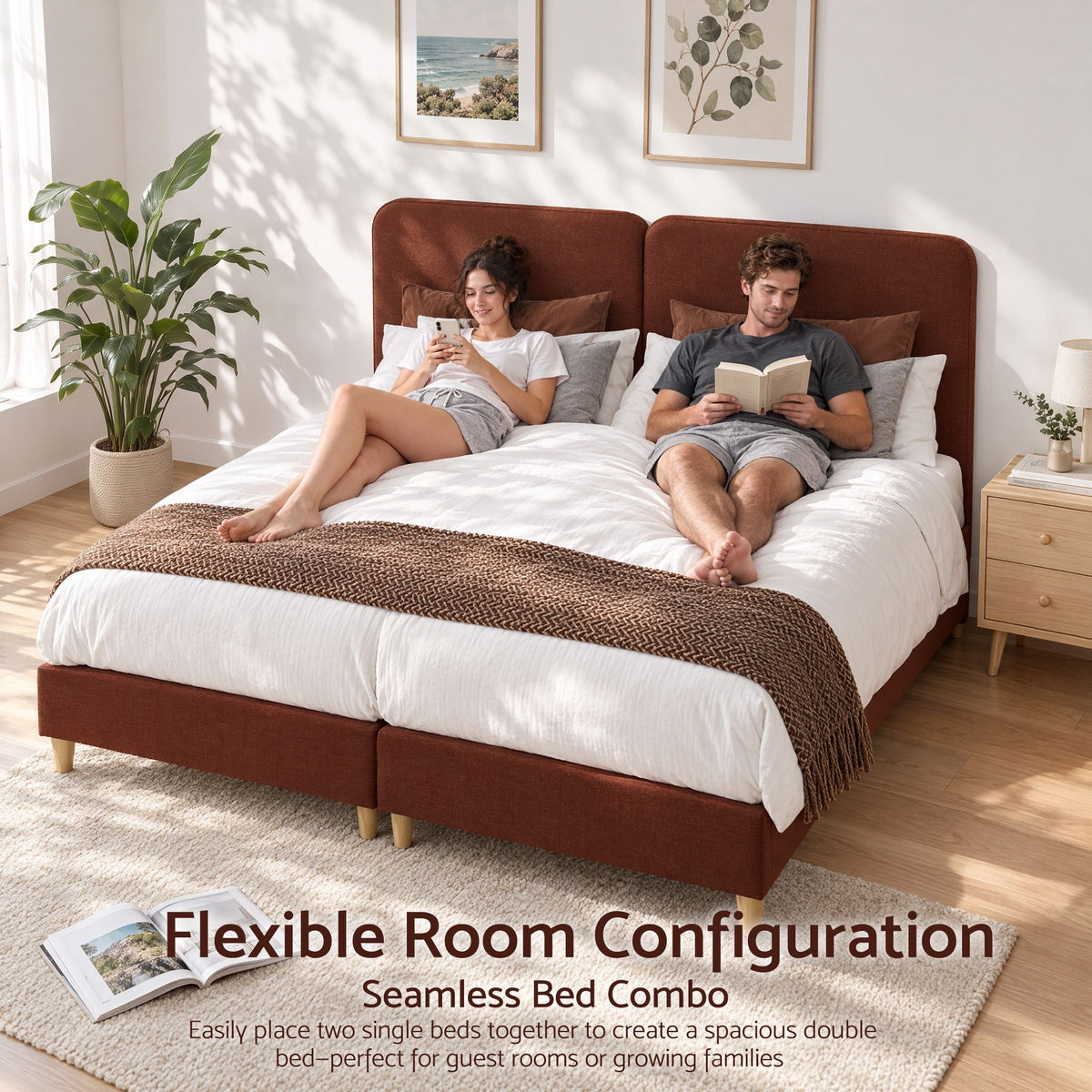 Artiss Single Bed Frame with Headboard, Faux Linen Fabric Brown-Furniture > Bedroom > Beds &amp; Bed Frames-PEROZ Accessories