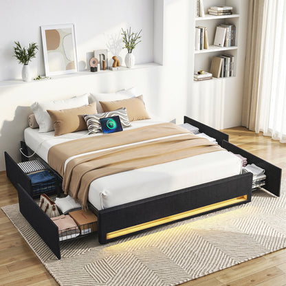 Artiss Double Bed Frame with Storage Drawers RGB Lights Charging Station Upholstered Fabric-Furniture > Bedroom > Beds &amp; Bed Frames-PEROZ Accessories