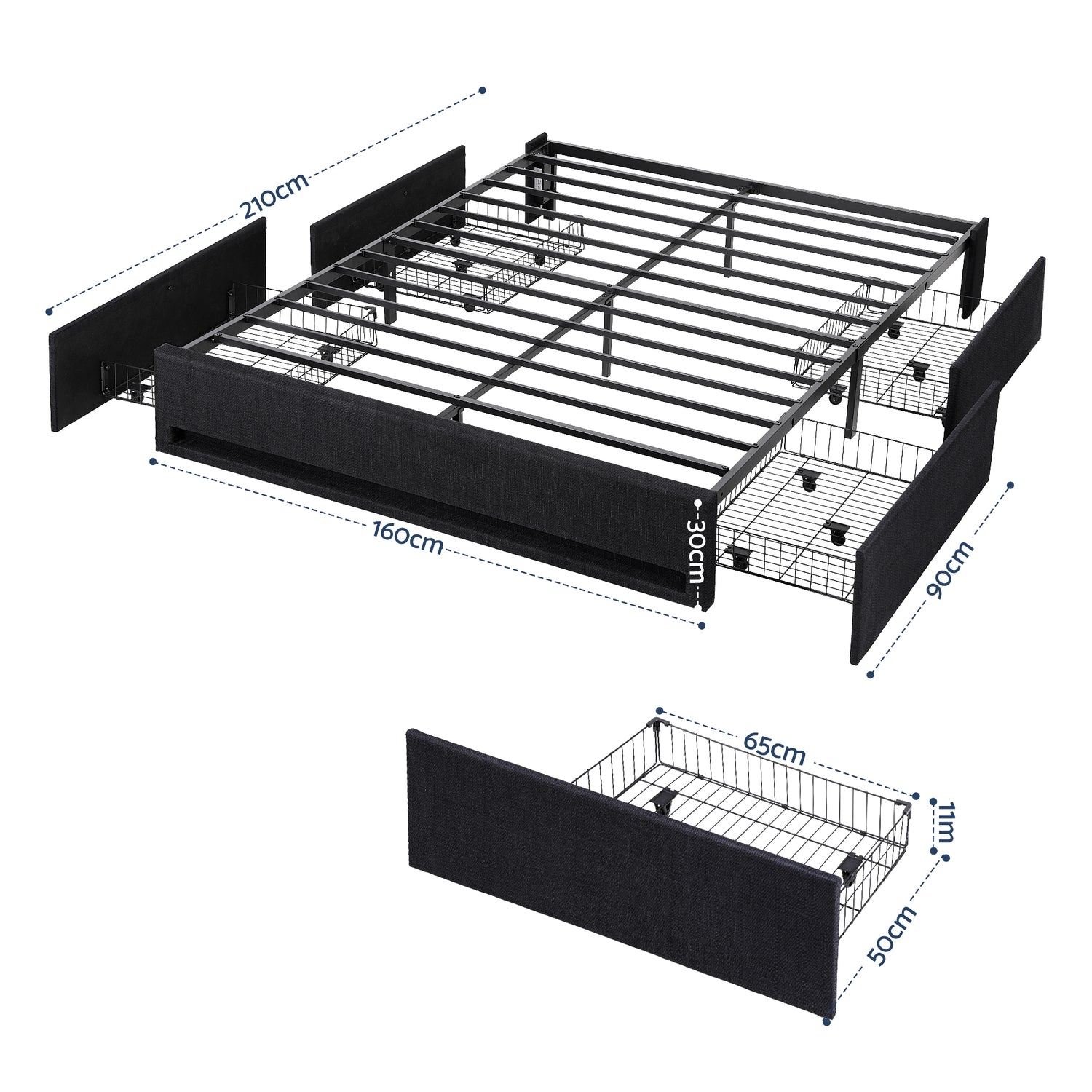 Artiss Queen Bed Frame with Storage Drawers RGB Lights Charging Station Upholstered Fabric-Furniture > Bedroom > Beds &amp; Bed Frames-PEROZ Accessories