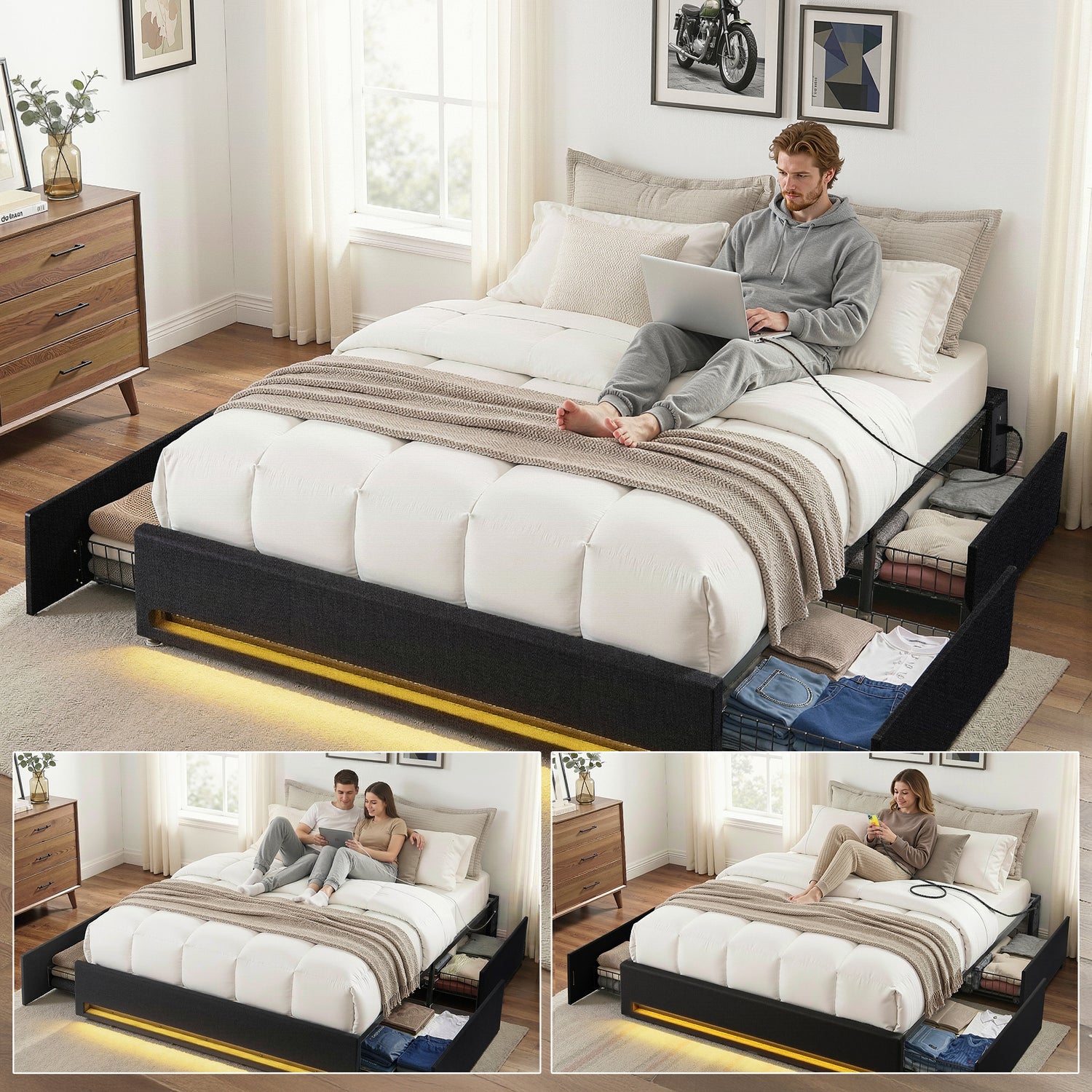 Artiss Queen Bed Frame with Storage Drawers RGB Lights Charging Station Upholstered Fabric-Furniture > Bedroom > Beds &amp; Bed Frames-PEROZ Accessories