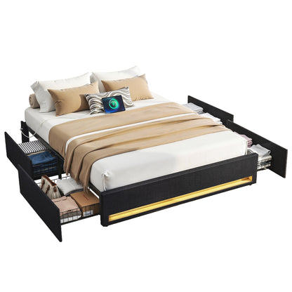 Artiss Queen Bed Frame with Storage Drawers RGB Lights Charging Station Upholstered Fabric-Furniture > Bedroom > Beds &amp; Bed Frames-PEROZ Accessories