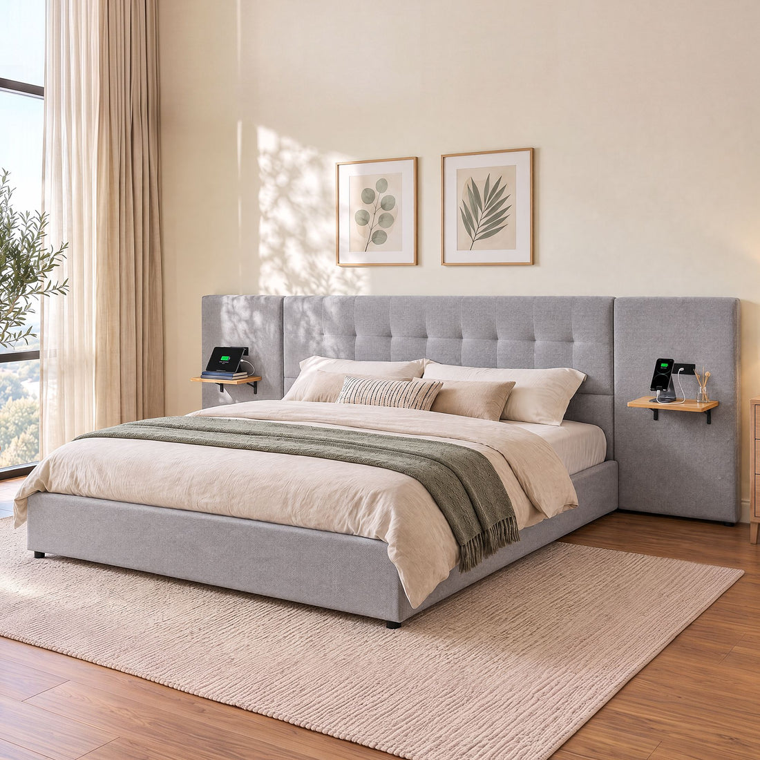 Artiss King Bed Frame with Wide Headboard, Floating Shelves and USB Grey-Furniture > Bedroom > Beds &amp; Bed Frames-PEROZ Accessories