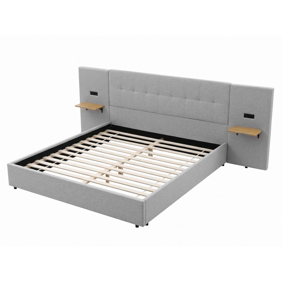 Artiss King Bed Frame with Wide Headboard, Floating Shelves and USB Grey-Furniture > Bedroom > Beds &amp; Bed Frames-PEROZ Accessories