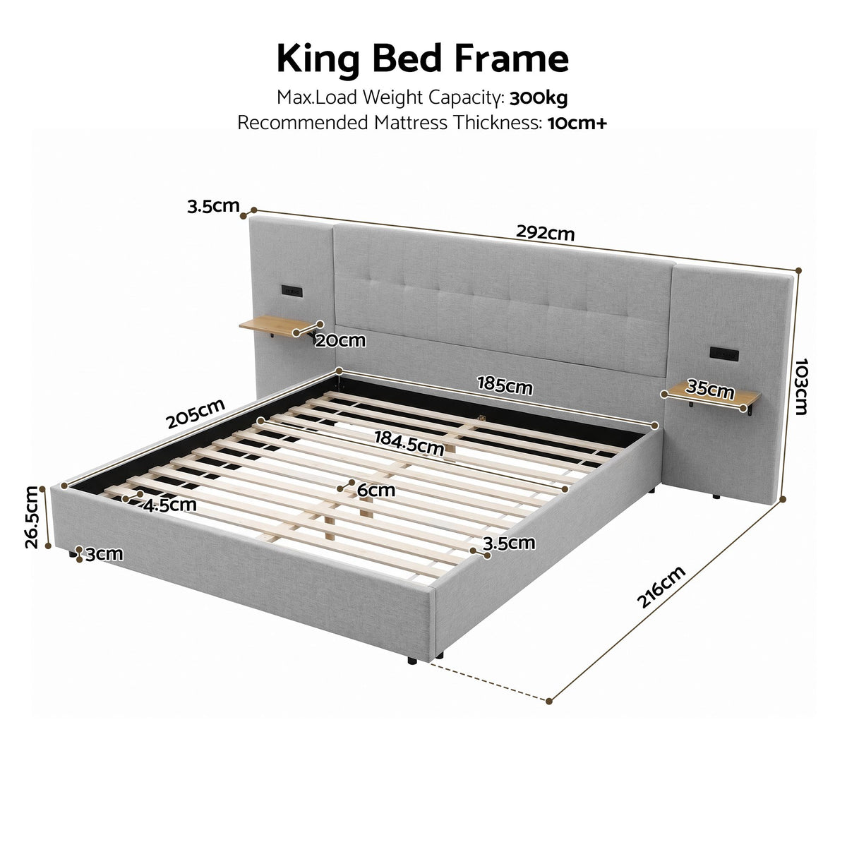 Artiss King Bed Frame with Wide Headboard, Floating Shelves and USB Grey